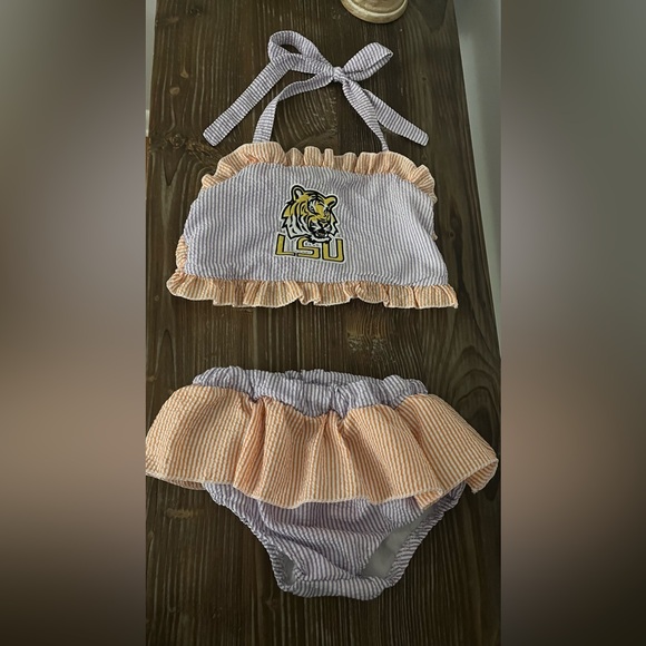 LSU Tigers Other - LSU Girls Two-Piece Seersucker Ruffle Swim Set in Purple Orange Mike Tiger 7/8